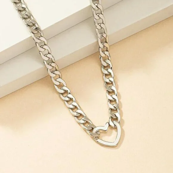 Sterling Silver Heart Cuban Chain Choker Necklace - Picture 4 of 5